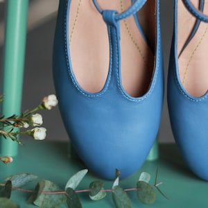 Blaue Retro-Stil Ballerinas aus echtem Leder, t-bar Schuhe, Mary Jane Schuhe, Ballerinas, abgerundete Zehenschuhe, passende Schuhe, Swing Schuhe Bild 5