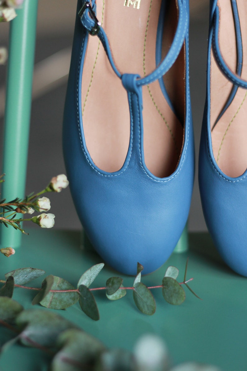 Blaue Retro-Stil Ballerinas aus echtem Leder, t-bar Schuhe, Mary Jane Schuhe, Ballerinas, abgerundete Zehenschuhe, passende Schuhe, Swing Schuhe Bild 5