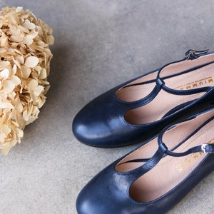 Retro style navy blue genuine leather ballet flats, mary jane shoes, mom and daughter shoes, gift for her, boho style shoes, nature lover image 9