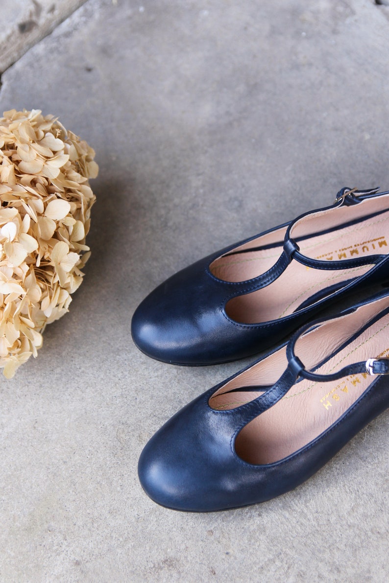 Retro style navy blue genuine leather ballet flats, mary jane shoes, mom and daughter shoes, gift for her, boho style shoes, nature lover image 9