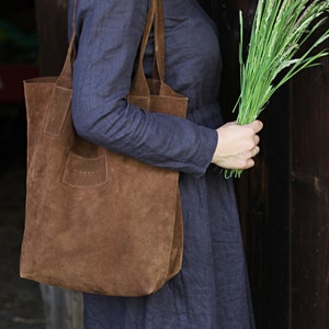 Shopper Bag, tote leather bag, raw-finished leather bag in a minimalistic style, gift for her, genuine suede leather shopper, nature lover image 2