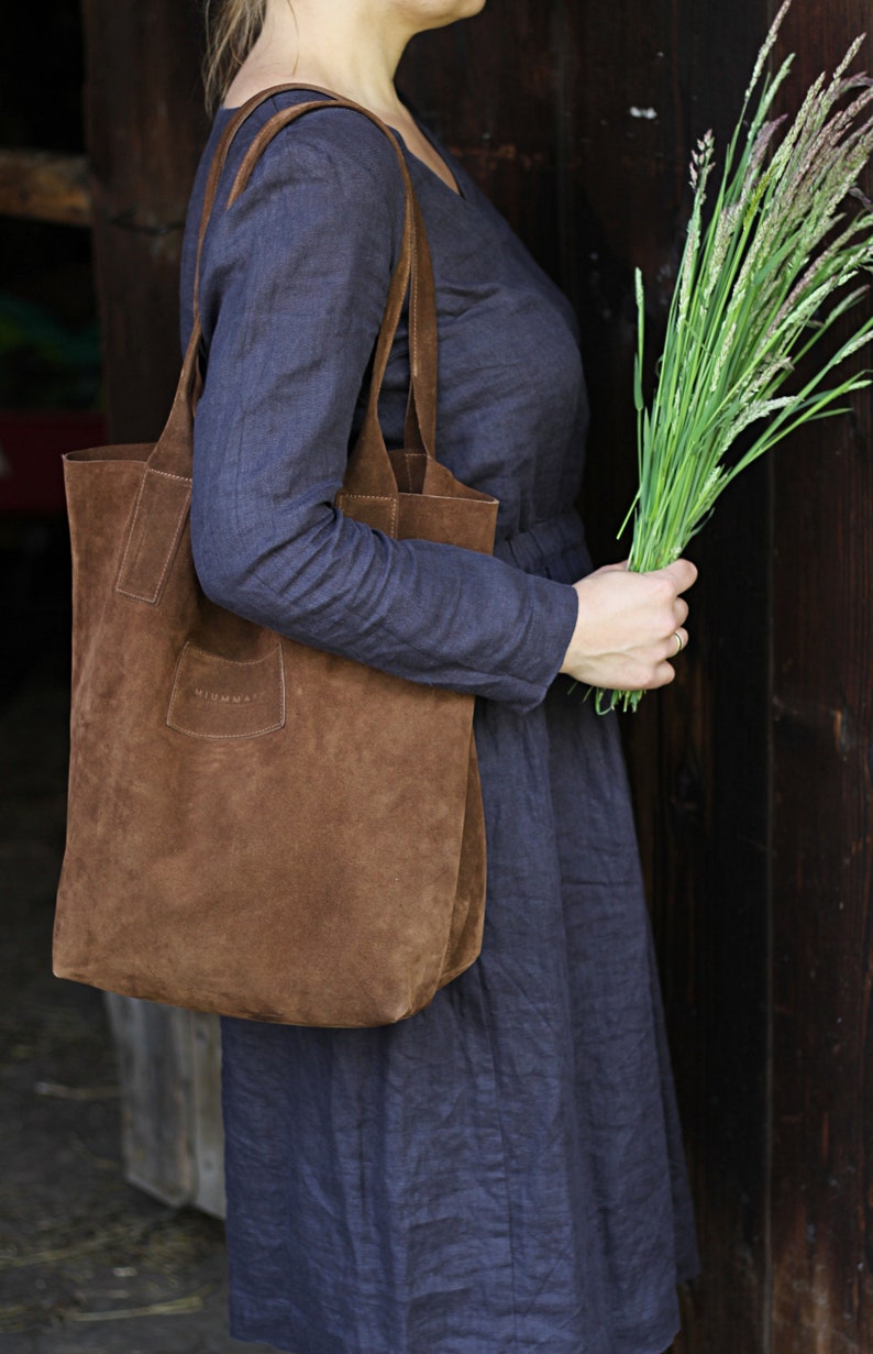 Shopper Bag, tote leather bag, raw-finished leather bag in a minimalistic style, gift for her, genuine suede leather shopper, nature lover image 2