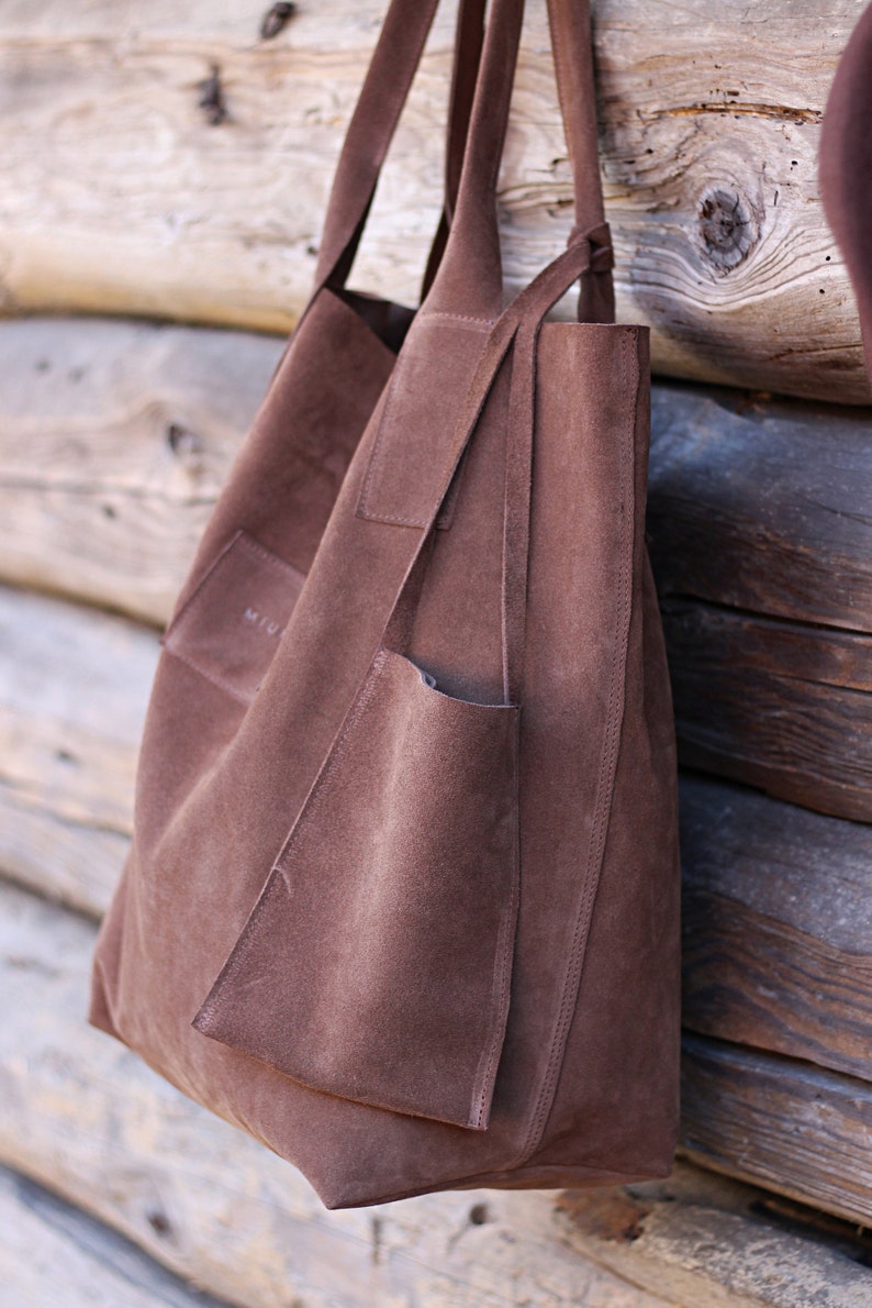 Shopper Bag, tote leather bag, raw-finished leather bag in a minimalistic style, gift for her, genuine suede leather shopper, nature lover image 7