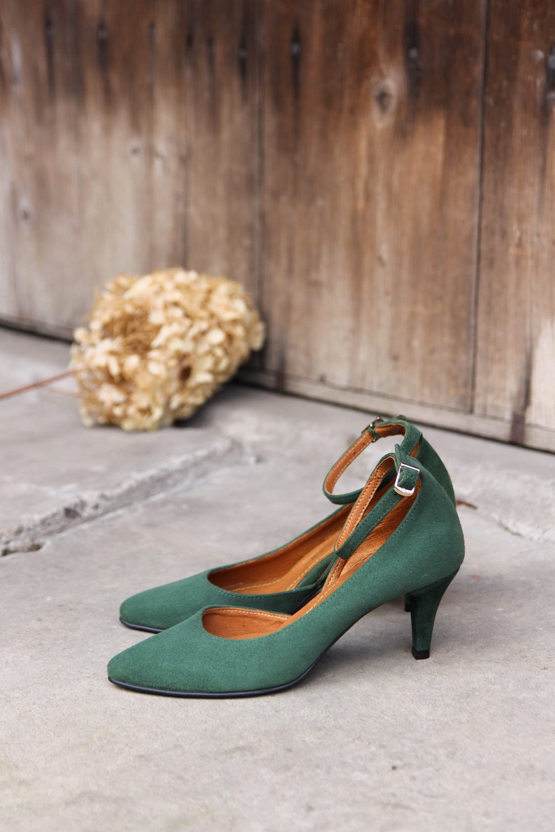 High heels natural bottle green suede leather, decollate shoes , gift for her, boho style shoes, nature lover, boho wedding image 6