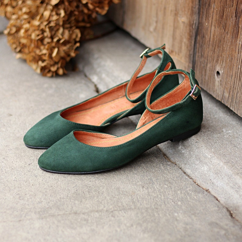 Natural bottle green suede leather Mary Janes with straps, gift for her, boho style shoes, nature lover, boho wedding image 10