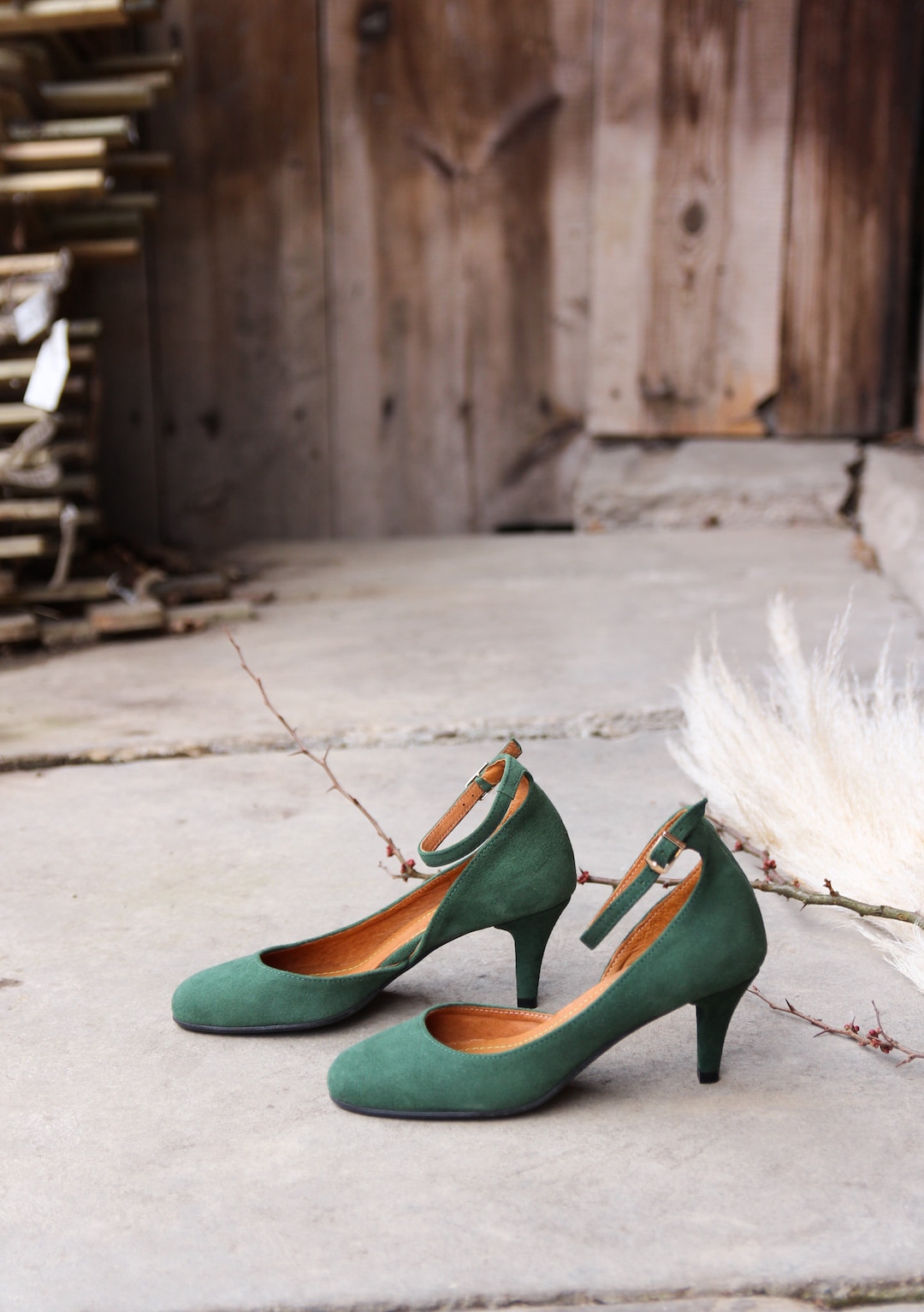 Natural Bottle Green Suede Leather Classic Pumps With Straps, High Heel ...
