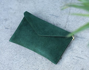 Multi-purpose clutch bag bottle green suede leather, minimalistic style, gift for her