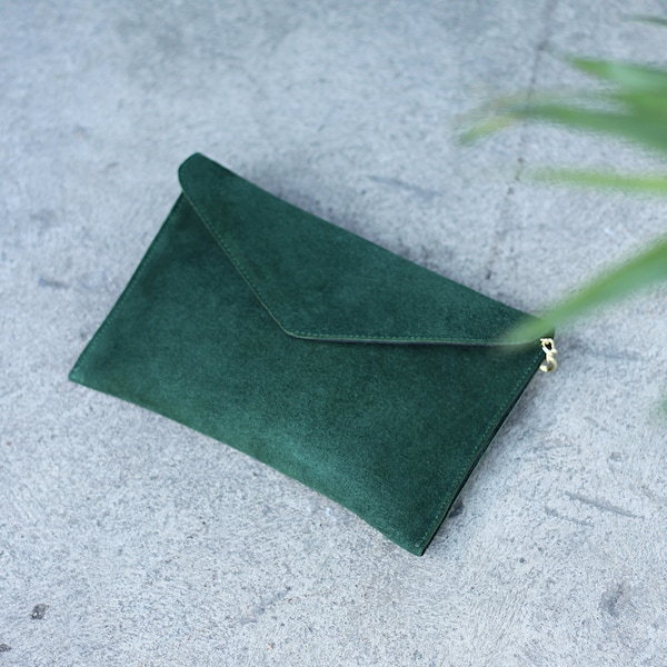 Multi-purpose clutch bag bottle green suede leather, minimalistic style, gift for her, boho style bag, nature lover