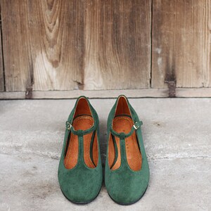 Retro style natural green suede leather ballet flats, leather t-bar shoes, matching mom and daughter shoes, gift for her, nature lover image 6