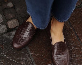 Handmade Crocodile Brown Leather Women’s Loafers