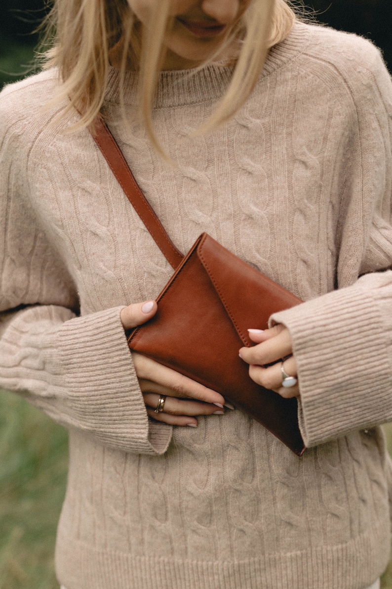 Multi-purpose clutch bag, cognac brown leather, crossbody bag, chain purse, waist bag, minimalistic style, gift for her, nature lover image 6