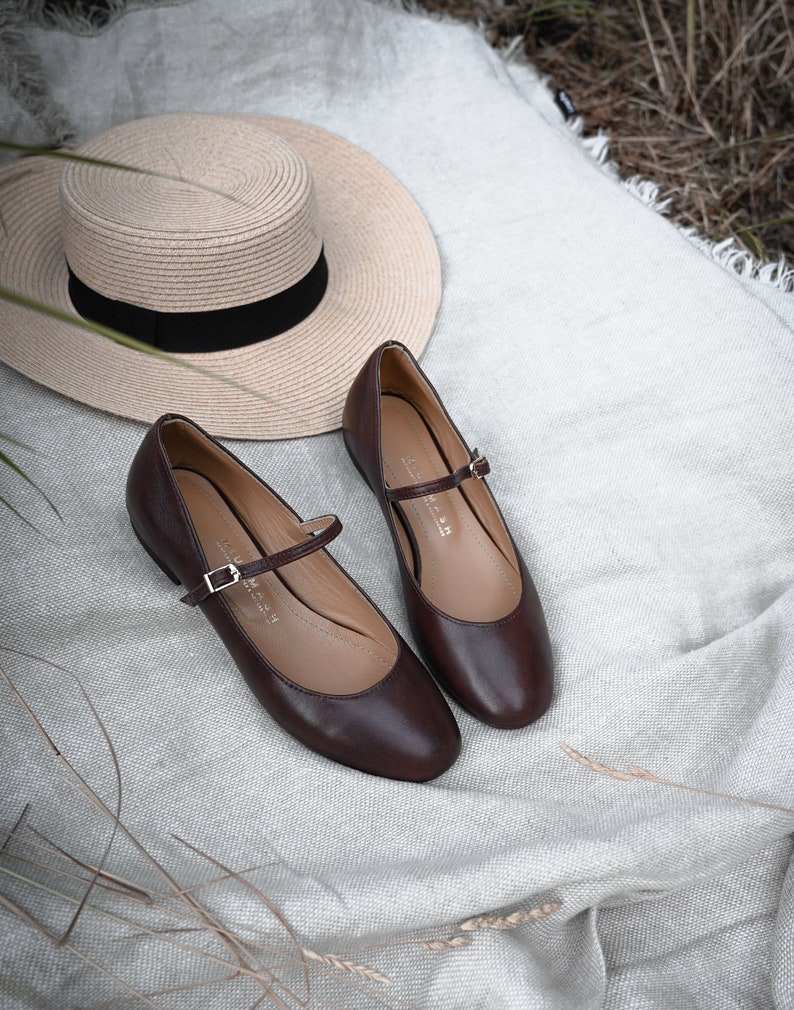 Mary-Jane chocolate brown genuine leather shoes, flat shoes, retro style ballet flats, retro bride shoes, ballerinas, brown, nature lover image 5