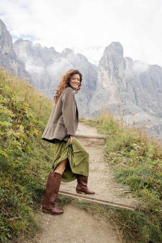 olive green dress with brown boots Olive Ribbed Midi Dress  Laverne + Frankie