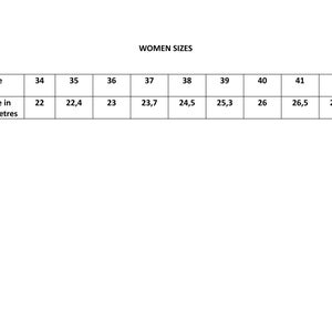 May include: A chart showing women's shoe sizes in US sizes and corresponding insole length in centimeters.