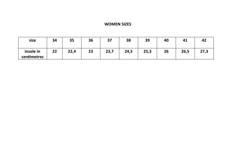 May include: A chart showing women's shoe sizes in US sizes and corresponding insole length in centimeters.