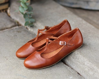 BÉBÉ Ballerines en cuir véritable marron cognac de style rétro, chaussures mary jane, chaussures assorties pour maman et fille, cadeau pour fille, chaussures sautoir