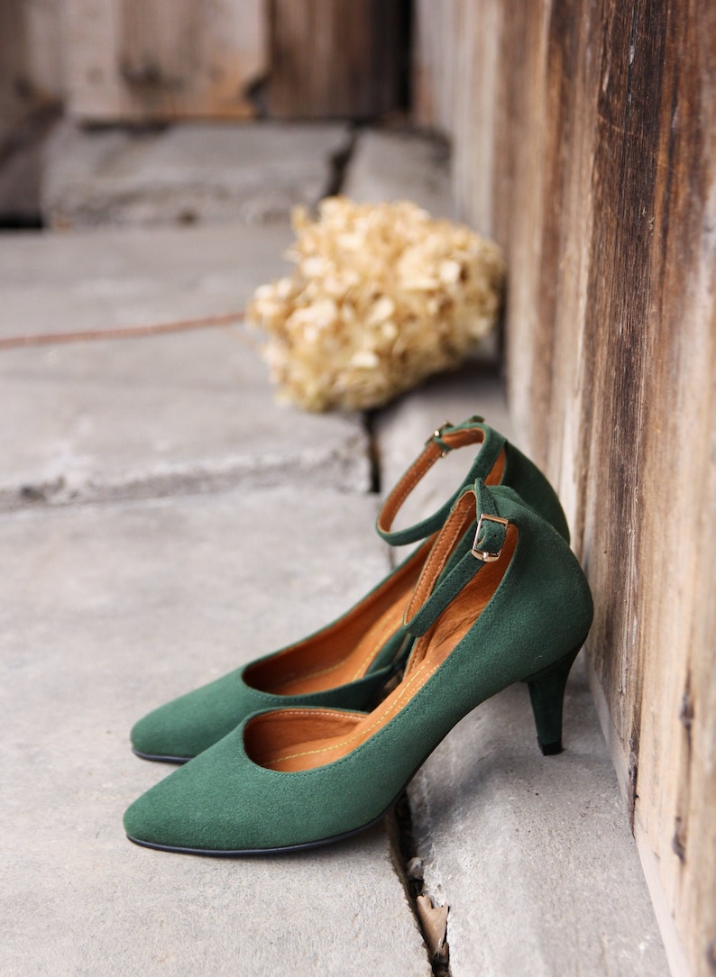 High heels natural bottle green suede leather, decollate shoes , gift for her, boho style shoes, nature lover, boho wedding image 2