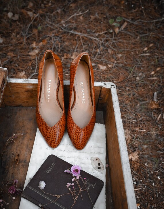 Embossed Crocodile Leather Mary Janes: Pointed Toe Flats