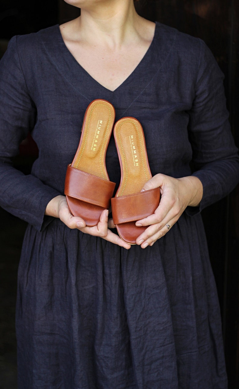 Classic brown slip on sandal, cognac brown genuine leather, leather slides, summer shoes, gift for her, boho style shoes, nature lover image 1