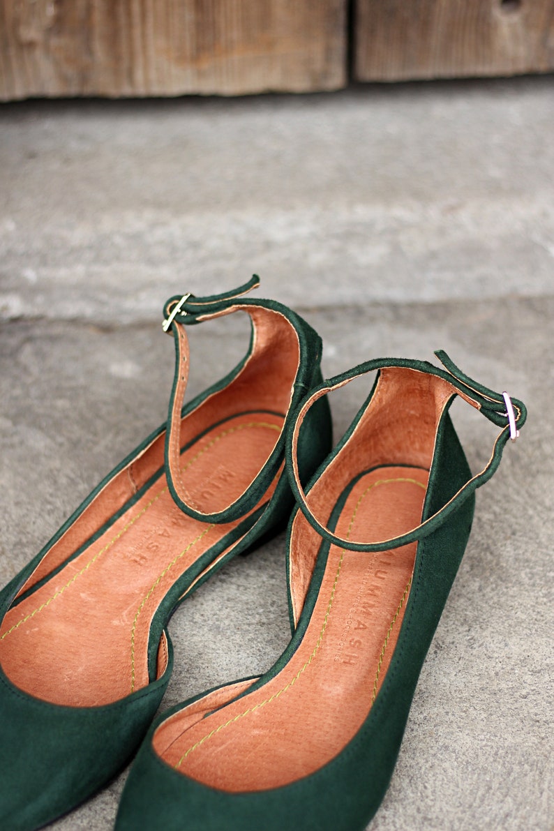 Natural bottle green suede leather Mary Janes with straps, gift for her, boho style shoes, nature lover, boho wedding image 7