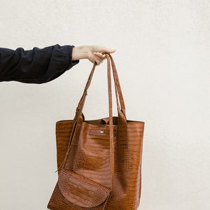 Retro crossbody bag, brown embossed crocodile genuine leather postman bag, minimalistic & timeless design, messenger bag image 5