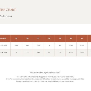 May include: A size chart for ballerinas, with US and UK shoe sizes listed. The chart includes sizes 35 to 42, with corresponding US sizes ranging from 5-5.5 to 11, and UK sizes from 3 to 8.5-9. The text "SIZE CHART" is at the top.