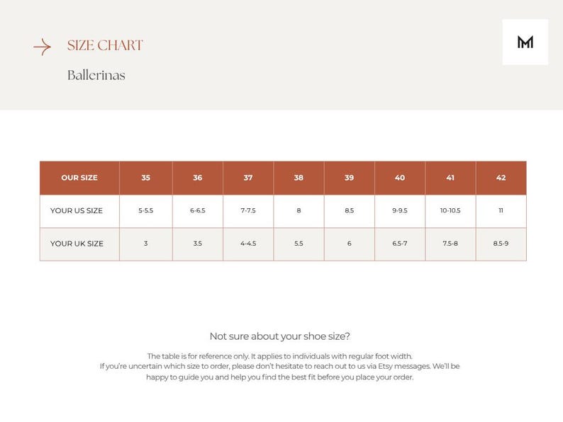 May include: A size chart for ballerinas, with US and UK shoe sizes listed. The chart includes sizes 35 to 42, with corresponding US sizes ranging from 5-5.5 to 11, and UK sizes from 3 to 8.5-9. The text "SIZE CHART" is at the top.
