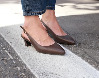 Summer ballerinas - Carla - mocca , slingback shoes, low heels, leather womens block heels, handmade