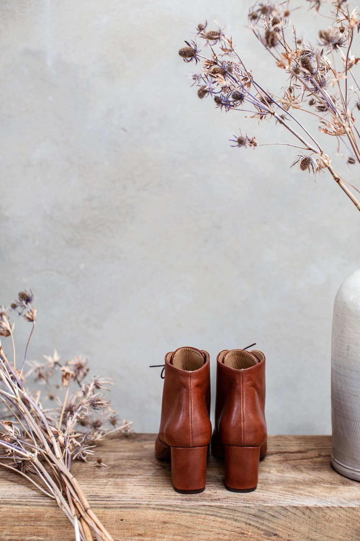 Retro Style Cognac Brown Genuine Leather, High Heel Booties Retro Style Cognac Brown Genuine Leather, High Heel Booties