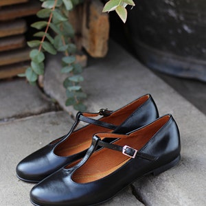 Retro Style Black Genuine Leather Ballet Flats, T-bar Shoes, Mary Jane ...
