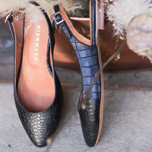 Summer ballerinas, slingback shoes, crocodile embossed leather womens flat shoes, pointed toe shoes, handmade leather shoes