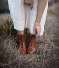 Retro style cognac brown genuine leather, high heel booties, gift for her, boho style shoes, nature lover