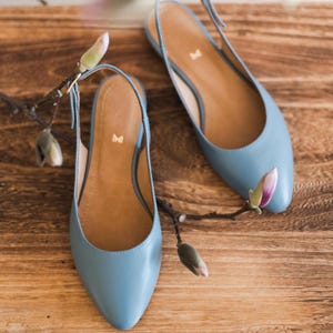 Handmade Dusty Blue Leather Slingback Ballerinas: Pointed Toe Flats