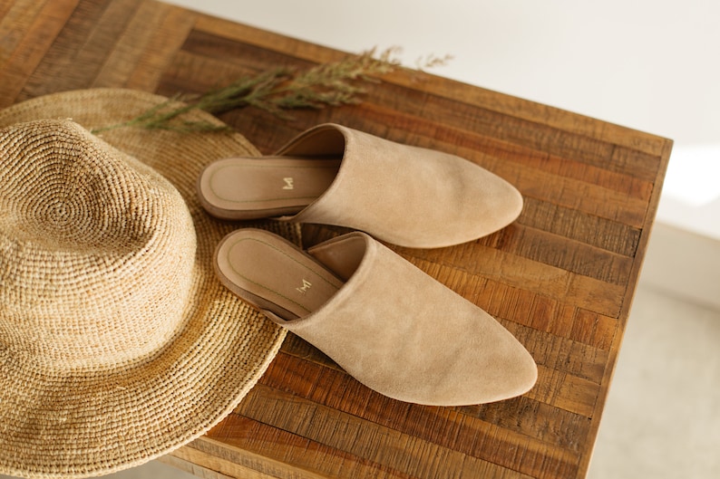 Classic retro beige velvet leather Mules, gift for her, boho style shoes, nature lover image 6