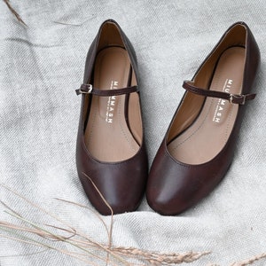 Mary-Jane chocolate brown genuine leather shoes, flat shoes, retro style ballet flats, retro bride shoes, ballerinas, brown, nature lover image 6
