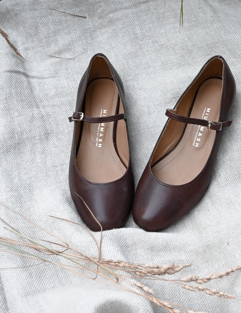 Mary-Jane chocolate brown genuine leather shoes, flat shoes, retro style ballet flats, retro bride shoes, ballerinas, brown, nature lover image 6