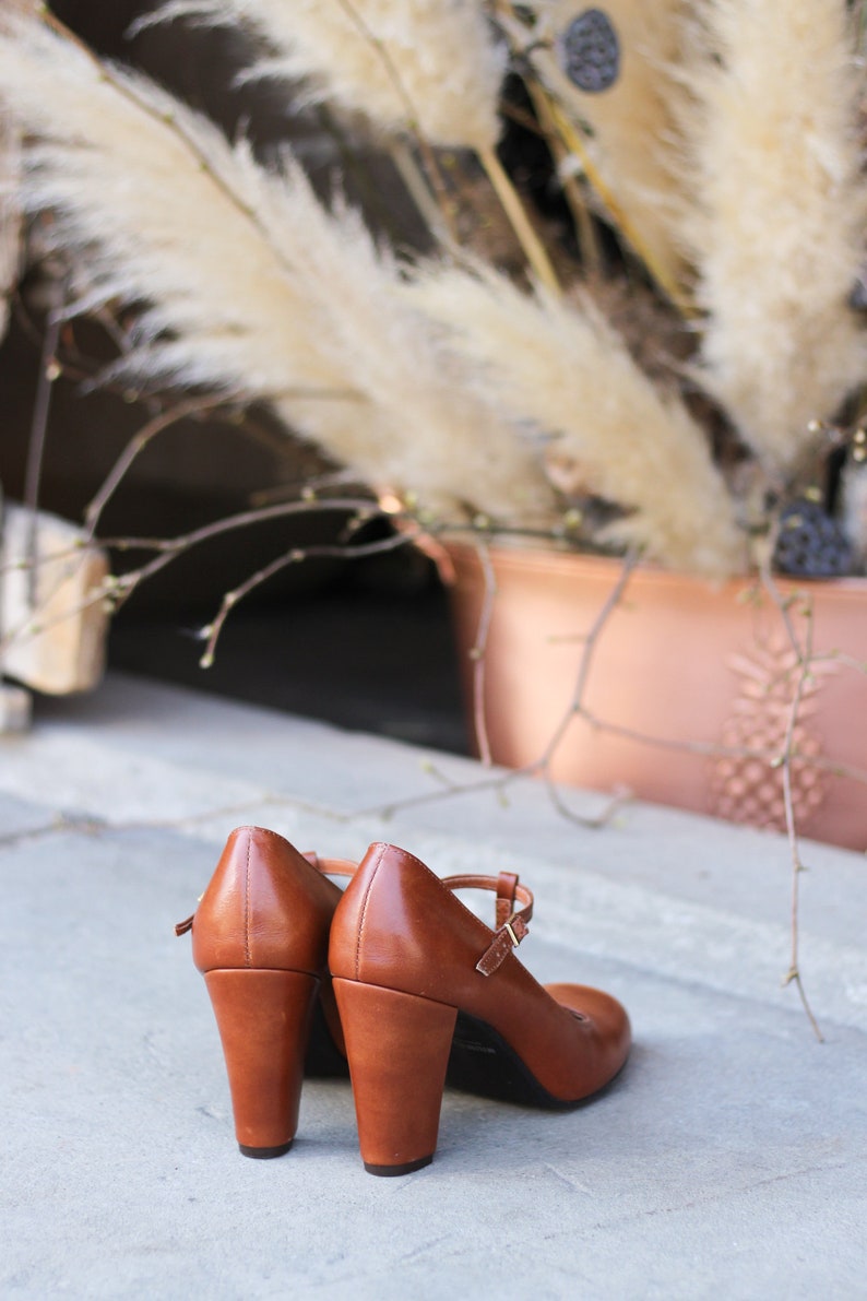 Retro style cognac brown genuine leather, mary jane heels shoes, gift for her, boho style shoes, nature lover image 6