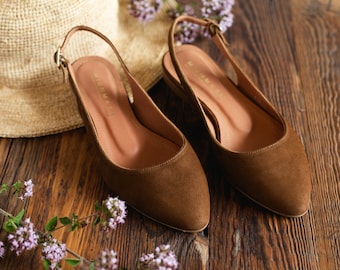 Handmade Brown Velvet Leather Slingback Ballerinas