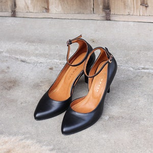 Women’s high heels – black full-grain leather decollate shoes, chic elegant style