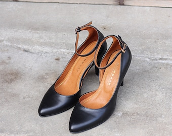 Women’s high heels – black full-grain leather decollate shoes, chic elegant style