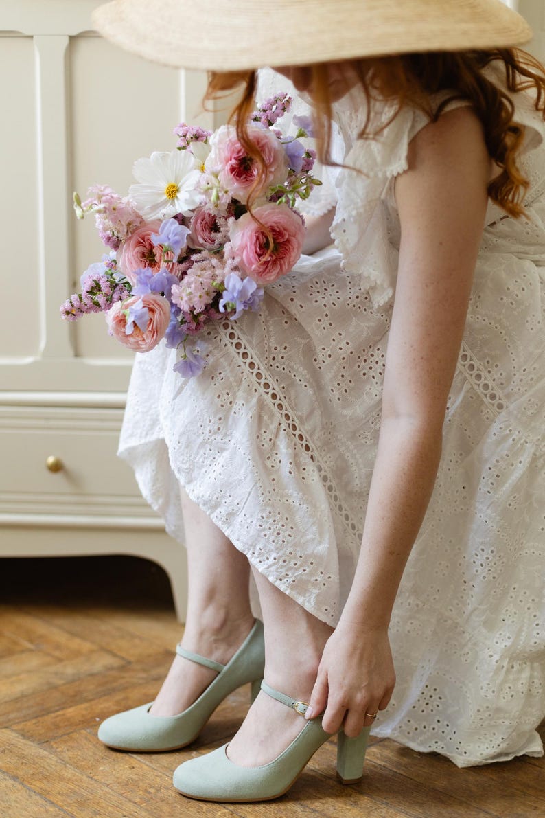 Mary-Jane eucalyptus suede leather shoes, retro heels shoes, retro bride shoes, image 10