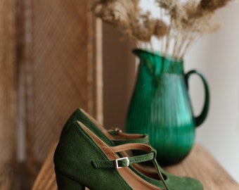 Retro style natural bottle green suede leather, t-bar shoes, high heels, gift for her, boho style shoes, classic wedding