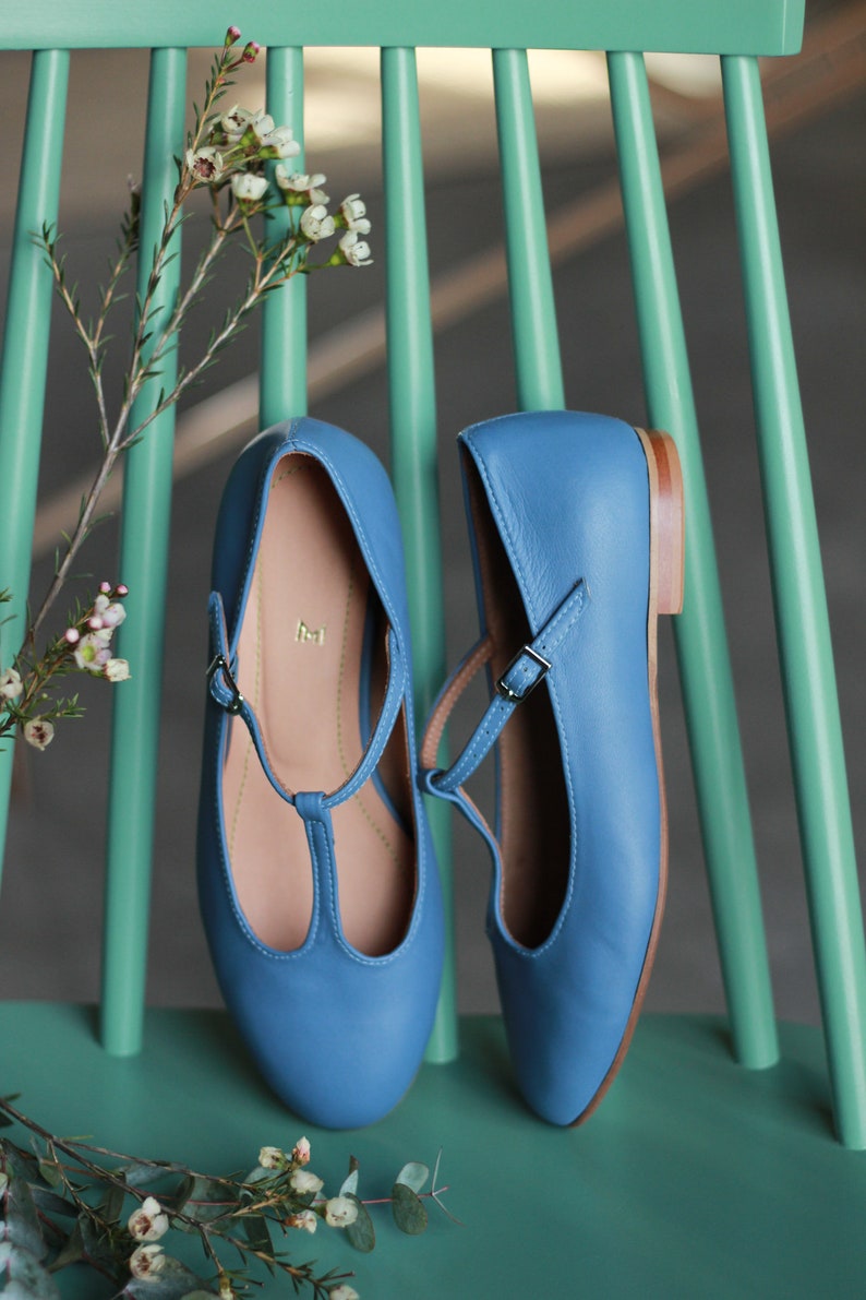 Blaue Retro-Stil Ballerinas aus echtem Leder, t-bar Schuhe, Mary Jane Schuhe, Ballerinas, abgerundete Zehenschuhe, passende Schuhe, Swing Schuhe Bild 3