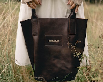 Handmade Chocolate Brown Leather Shopper Tote Bag: Minimalist Style