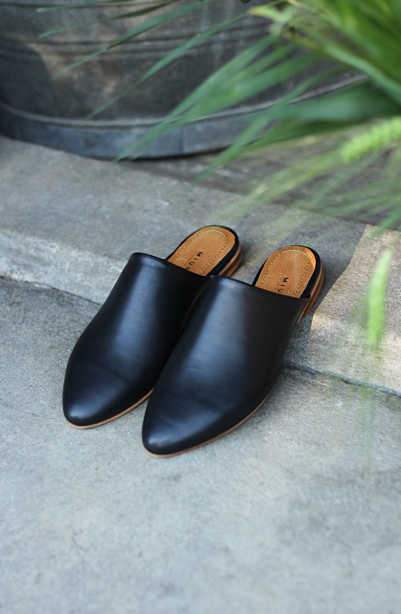 Classic natural full grain black leather Mules, gift for her, boho style shoes, nature lover image 4