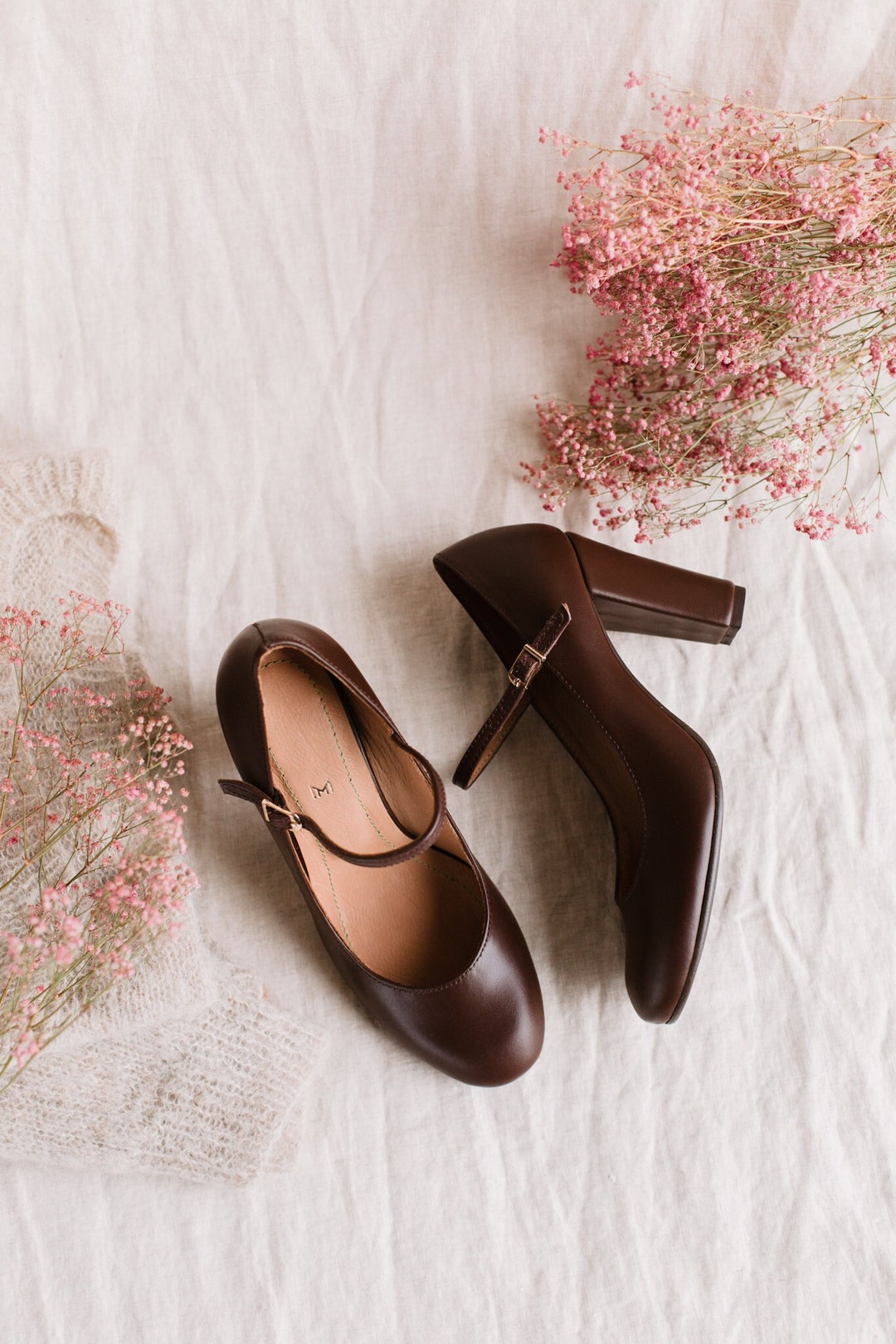 Maryjane Heels, Chocolate Brown Genuine Leather Shoes, Retro Heels