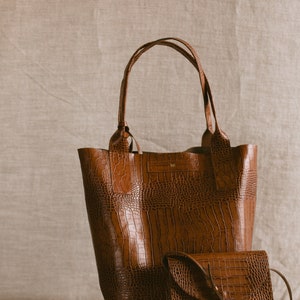 Retro crossbody bag, brown embossed crocodile genuine leather postman bag, minimalistic & timeless design, messenger bag image 3
