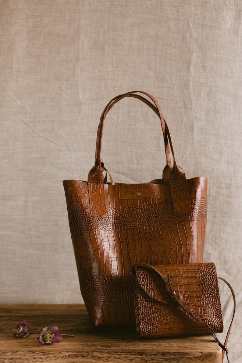 Retro crossbody bag, brown embossed crocodile genuine leather postman bag, minimalistic & timeless design, messenger bag image 3