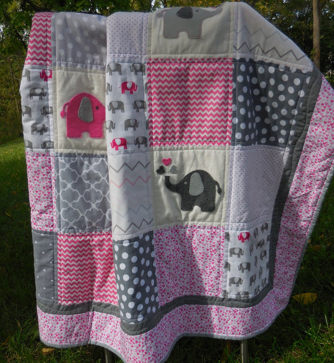 Pink Elephant Baby Quilt/Handmade baby quilt/Pink Gray Baby Etsy