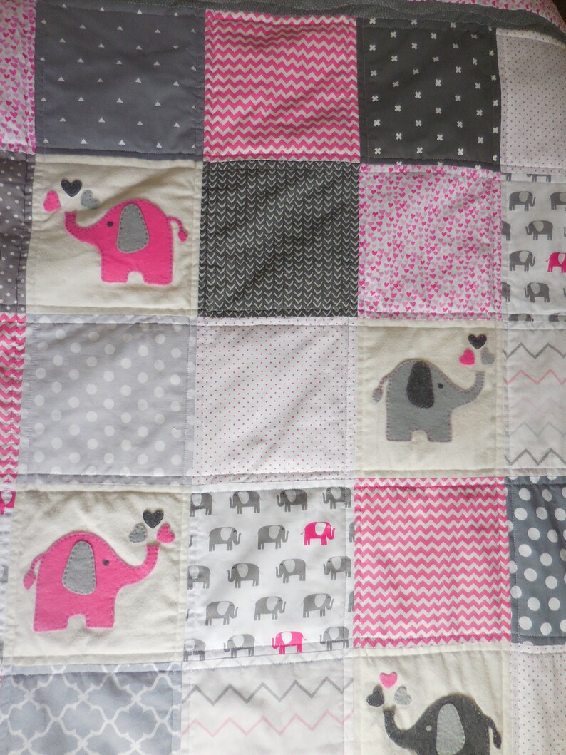Pink Elephant Baby Quilt/Handmade baby quilt/Pink Gray Baby Etsy
